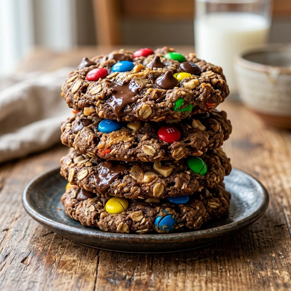 Delicious homemade Monster Cookies with chocolate chips and M&M's