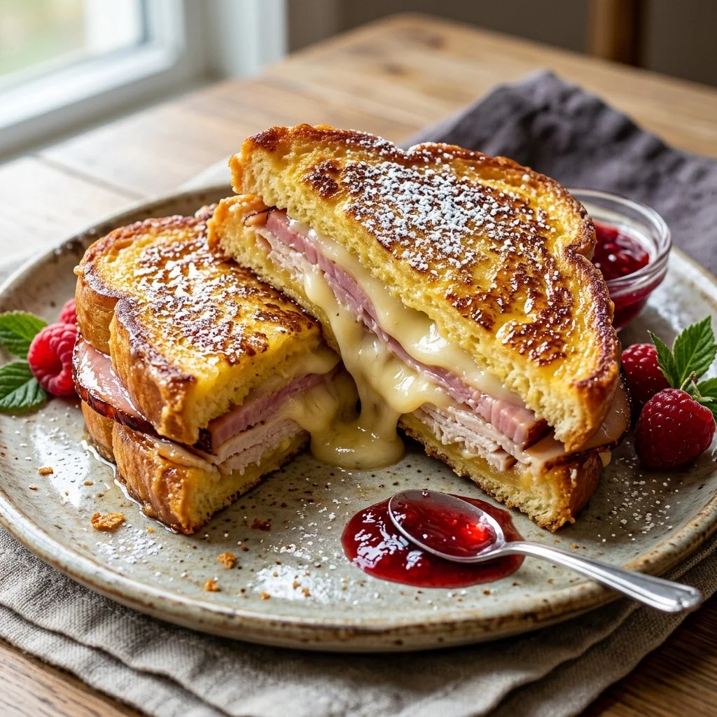 Delicious Monte Cristo Sandwich served with raspberry jam