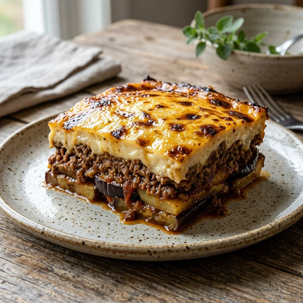 Delicious Moussaka served on a plate, showcasing layers of eggplant and meat.