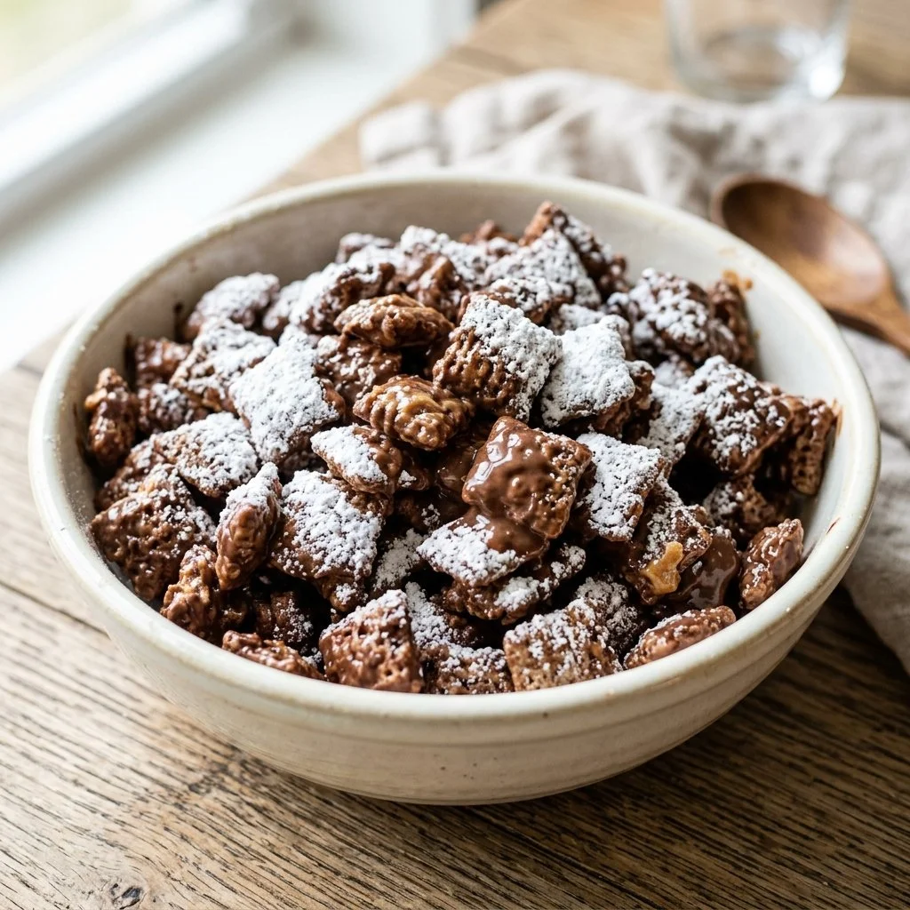 A bowl of tasty Muddy Buddies snack mix coated in chocolate and powdered sugar.