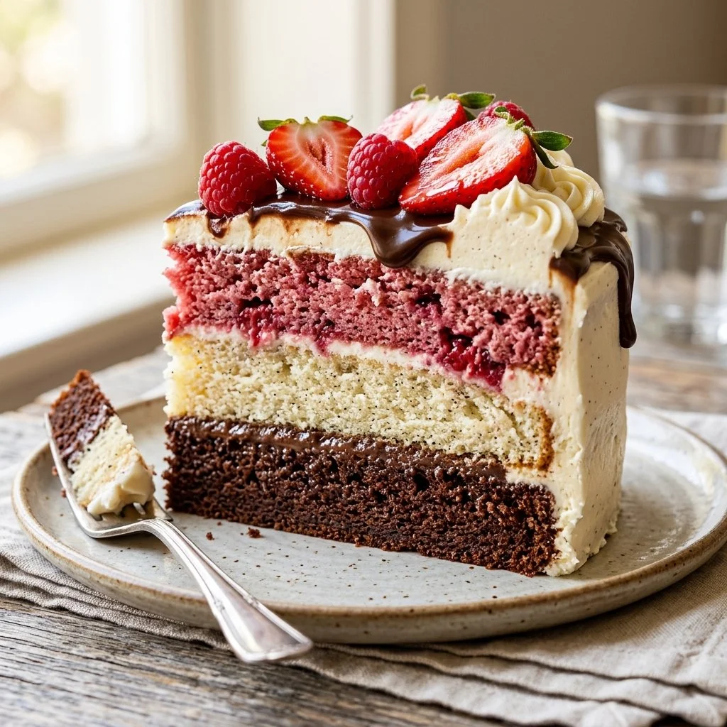Delicious Neapolitan Cake with chocolate, vanilla, and strawberry layers
