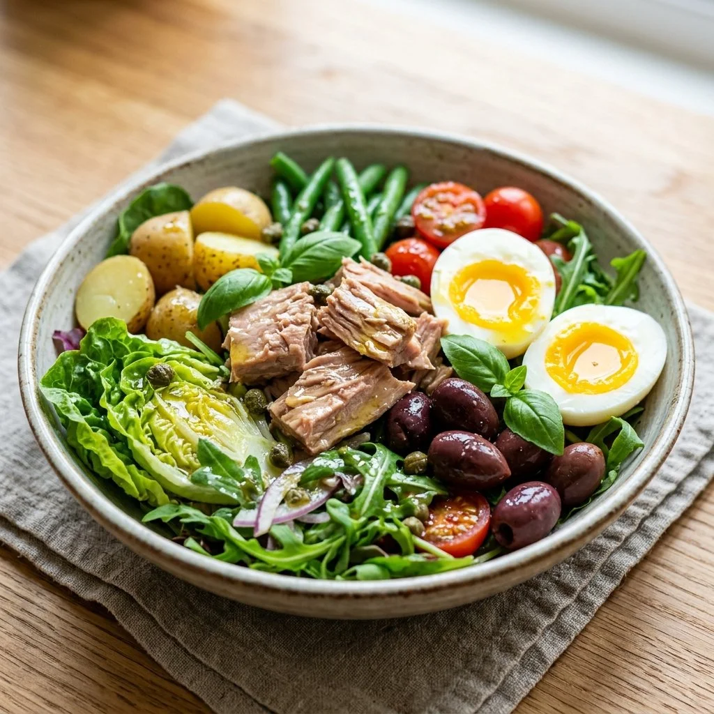 Colorful Niçoise Salad with tuna, olives, and fresh vegetables served on a plate.