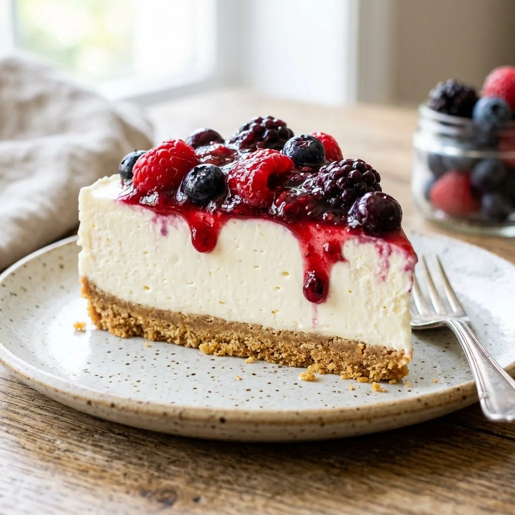 Delicious no bake cheesecake topped with fresh berries on a white plate