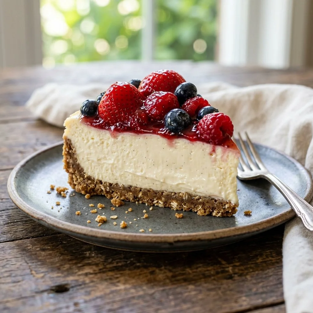 Delicious no bake cheesecake topped with fresh berries and whipped cream