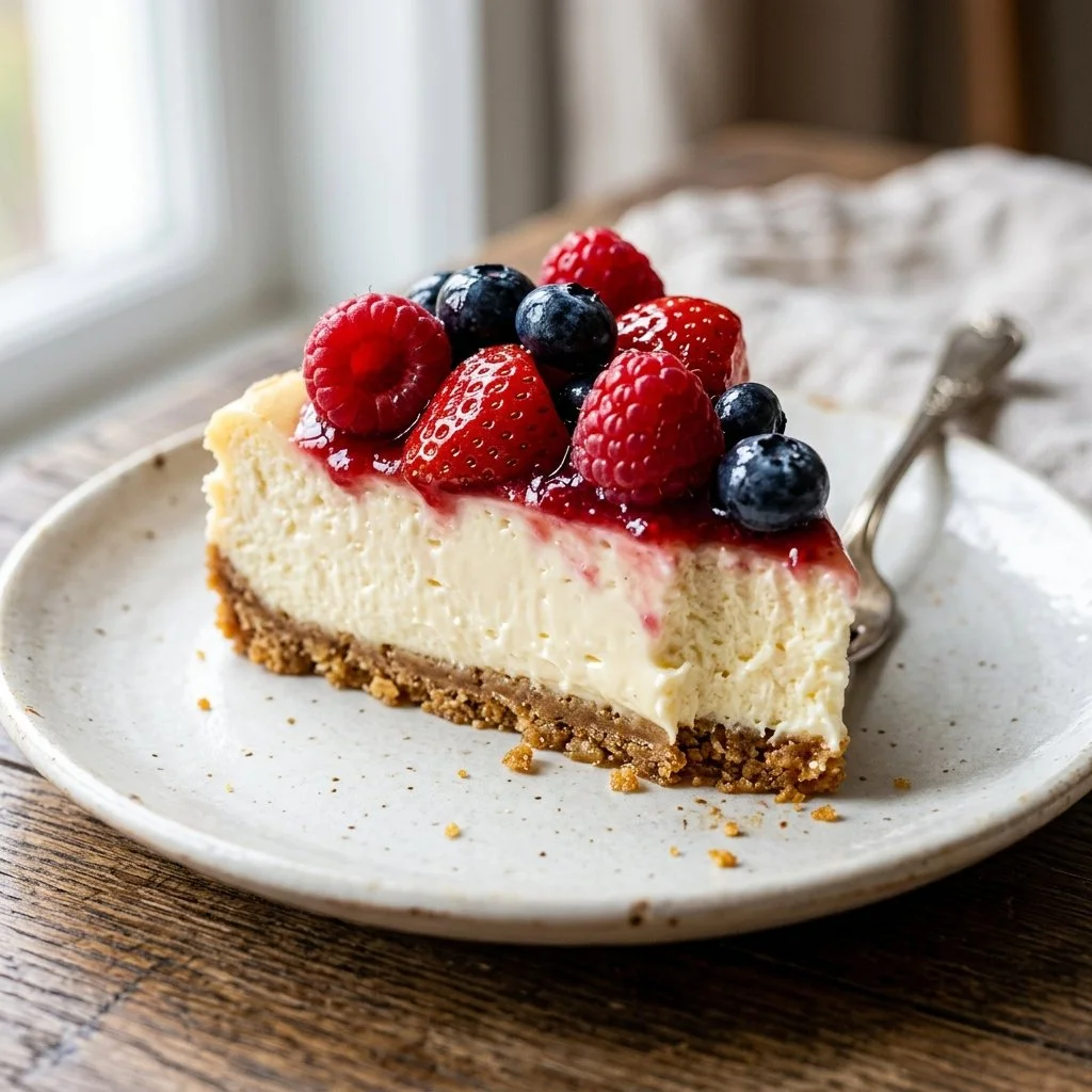 Delicious no bake cheesecake topped with fresh berries on a graham cracker crust.