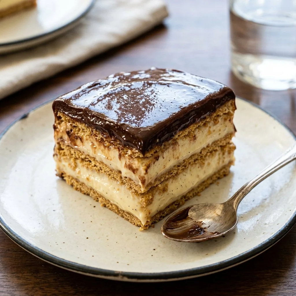 No Bake Eclair Cake with layers of cream and chocolate glaze.