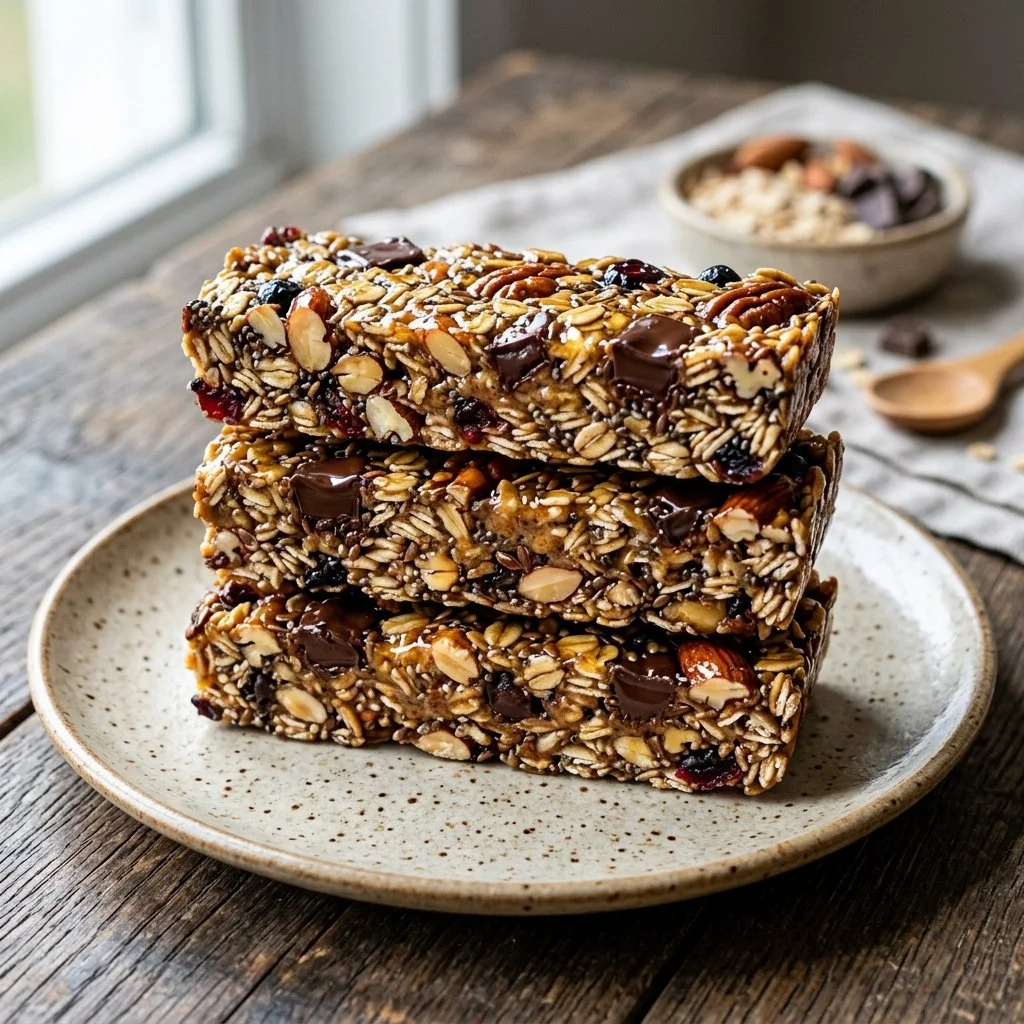 Homemade no bake granola bars with nuts and dried fruits