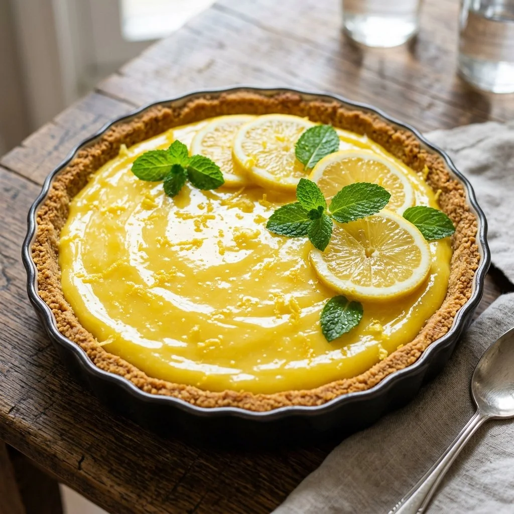 No Bake Lemon Pie topped with whipped cream and lemon slices