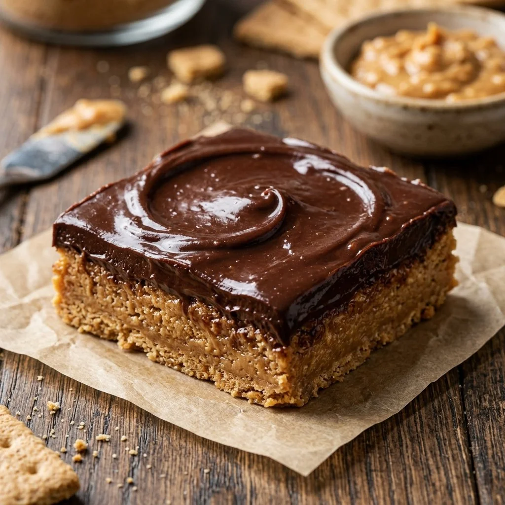 No Bake Peanut Butter Bars topped with chocolate and nuts