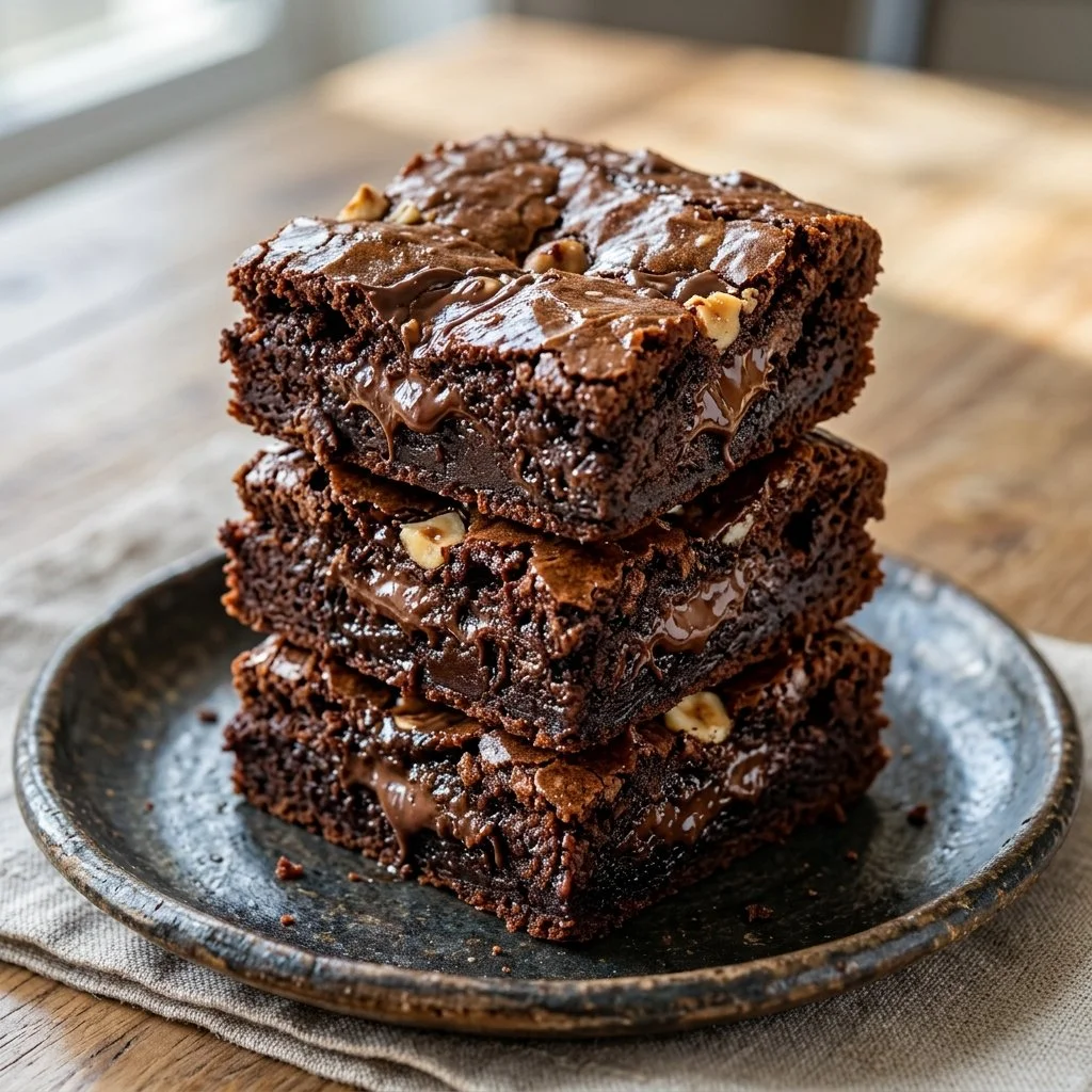 Decadent Nutella brownies topped with chocolate drizzle and nuts