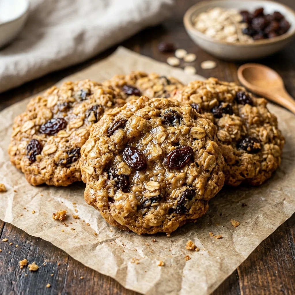Homemade oatmeal raisin cookies on a plate, fresh from the oven.
