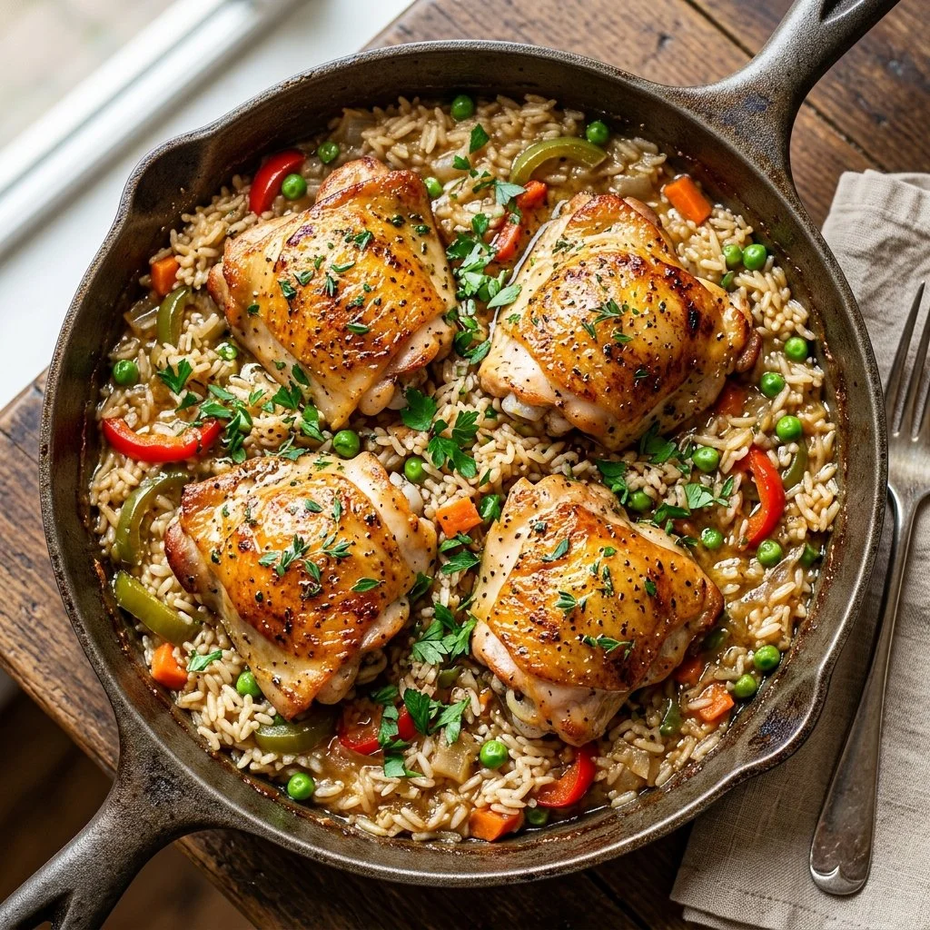 Delicious One Pan Chicken and Rice served in a flavorful dish