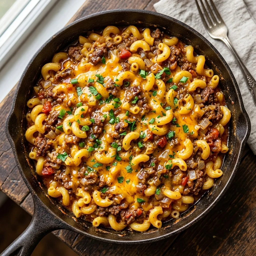 Delicious one pot cheeseburger pasta served in a bowl with cheese topping.