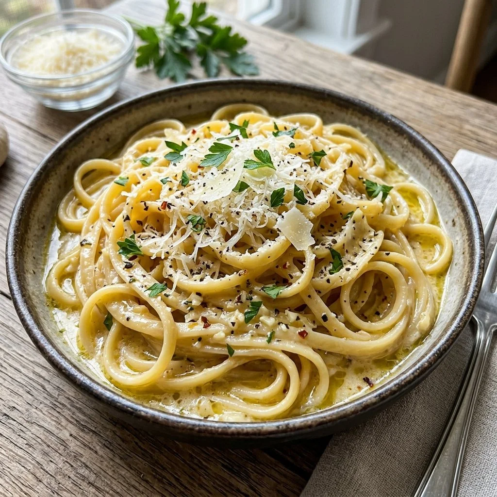 One pot garlic parmesan pasta dish topped with fresh herbs and cheese.