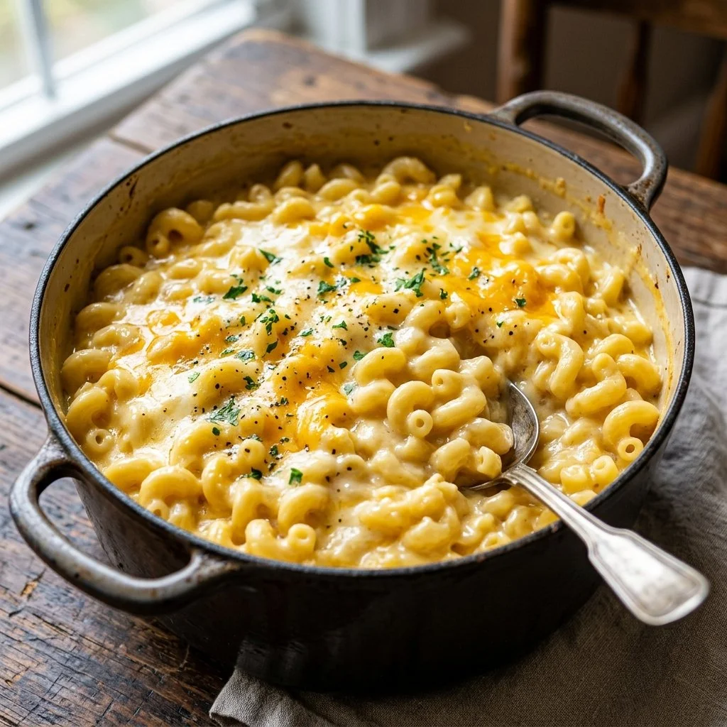 Creamy One Pot Mac and Cheese in a bowl, garnished with parsley