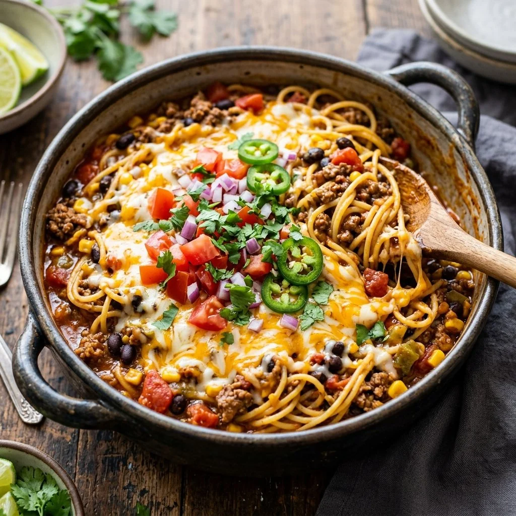 One pot taco spaghetti dish garnished and ready to serve.
