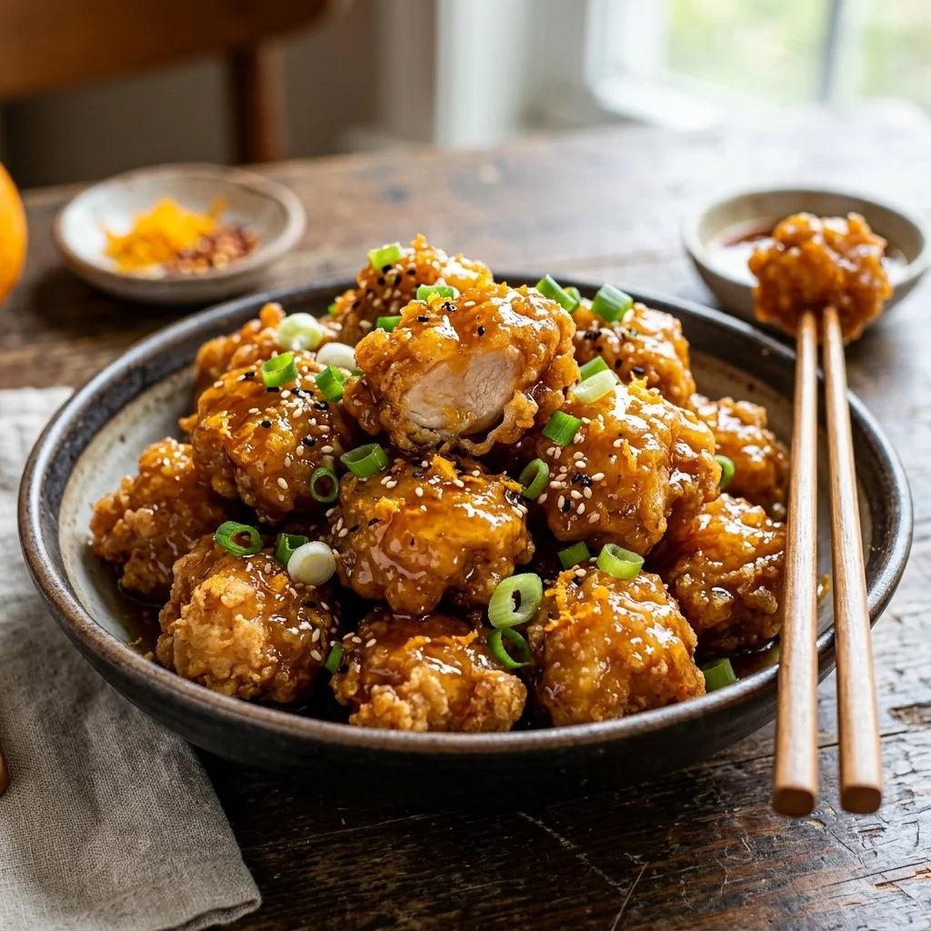 Delicious orange chicken served with steamed rice and garnished with sesame seeds.