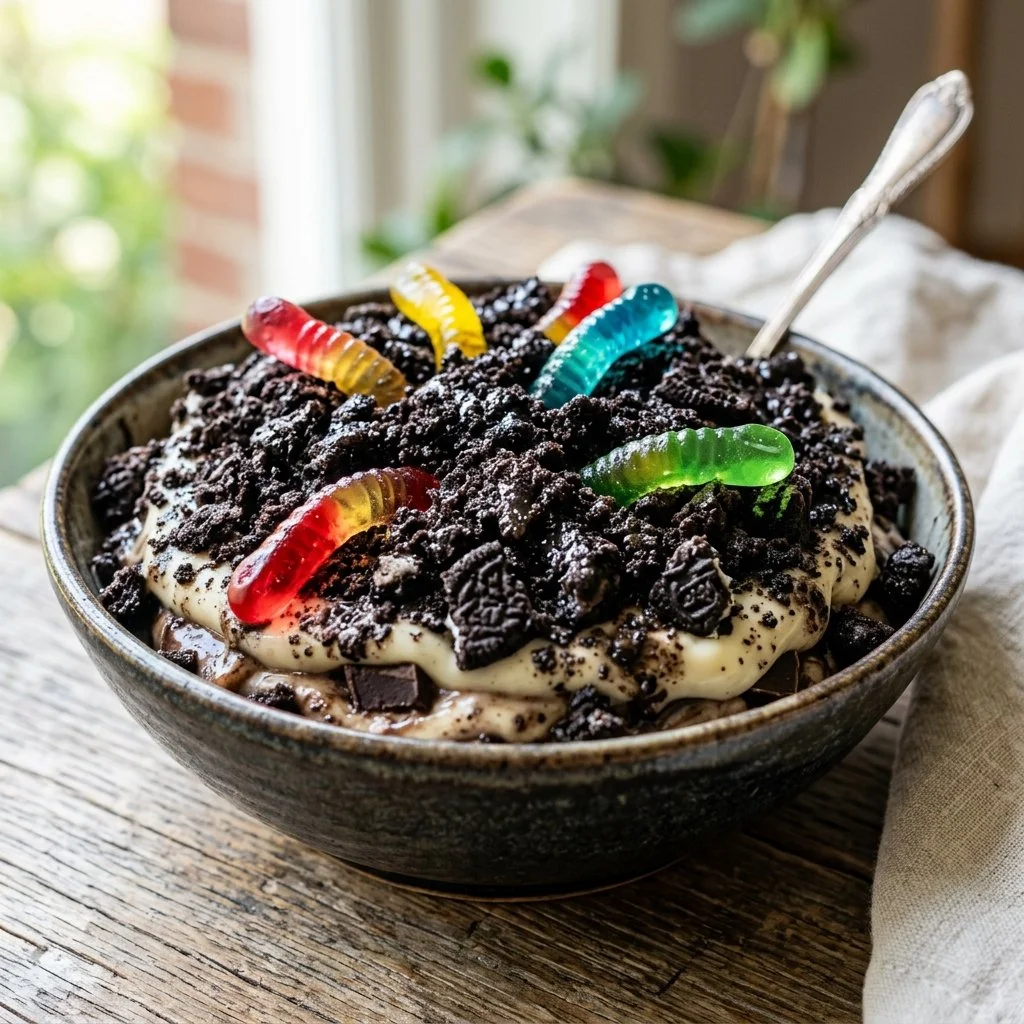 Delicious Oreo Dirt Cake dessert topped with crushed Oreos and chocolate.