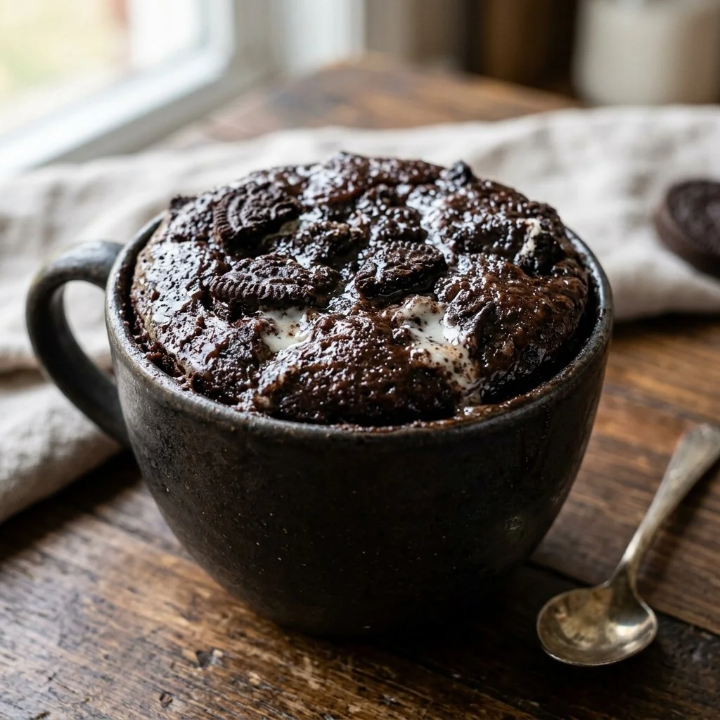 Delicious Oreo Mug Cake served in a mug with cookies on top