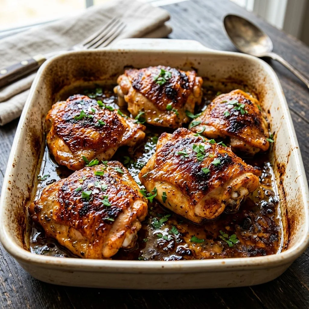 Juicy oven baked chicken thighs with herbs and spices