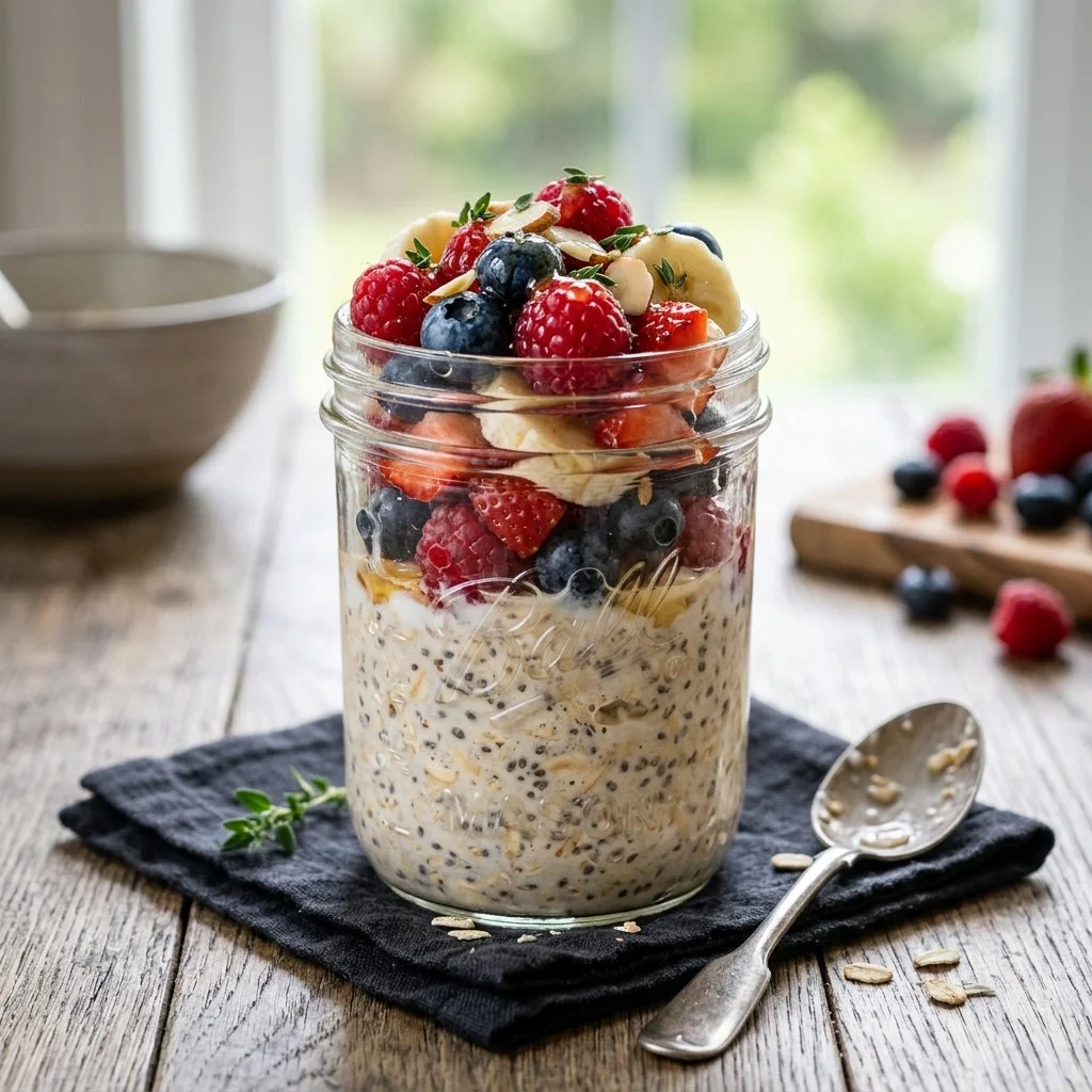 Bowl of colorful overnight oats topped with fresh fruit