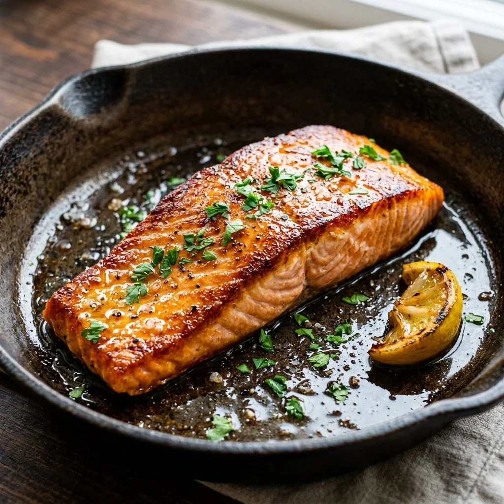 Delicious pan seared salmon garnished with herbs and lemon