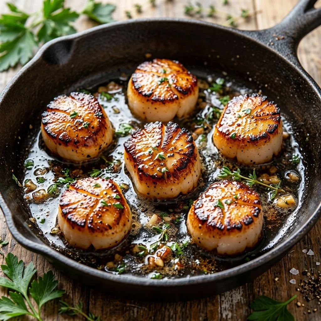 Plate of beautifully pan-seared scallops garnished with herbs