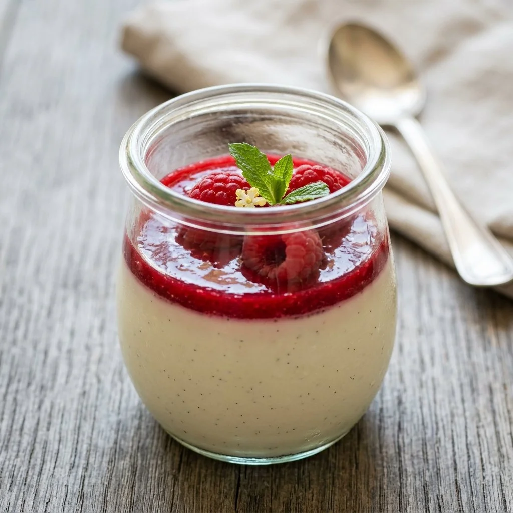 Delicious panna cotta dessert topped with fresh berries on a white plate
