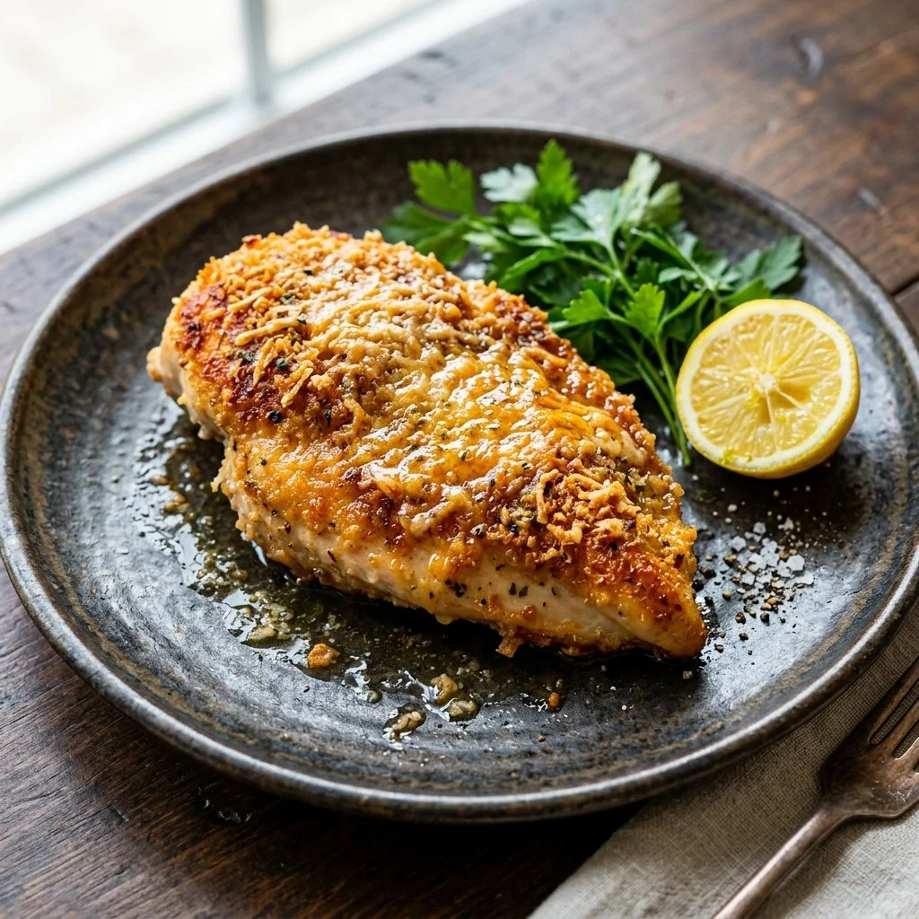 Juicy Parmesan Crusted Chicken with a golden, crispy cheese topping