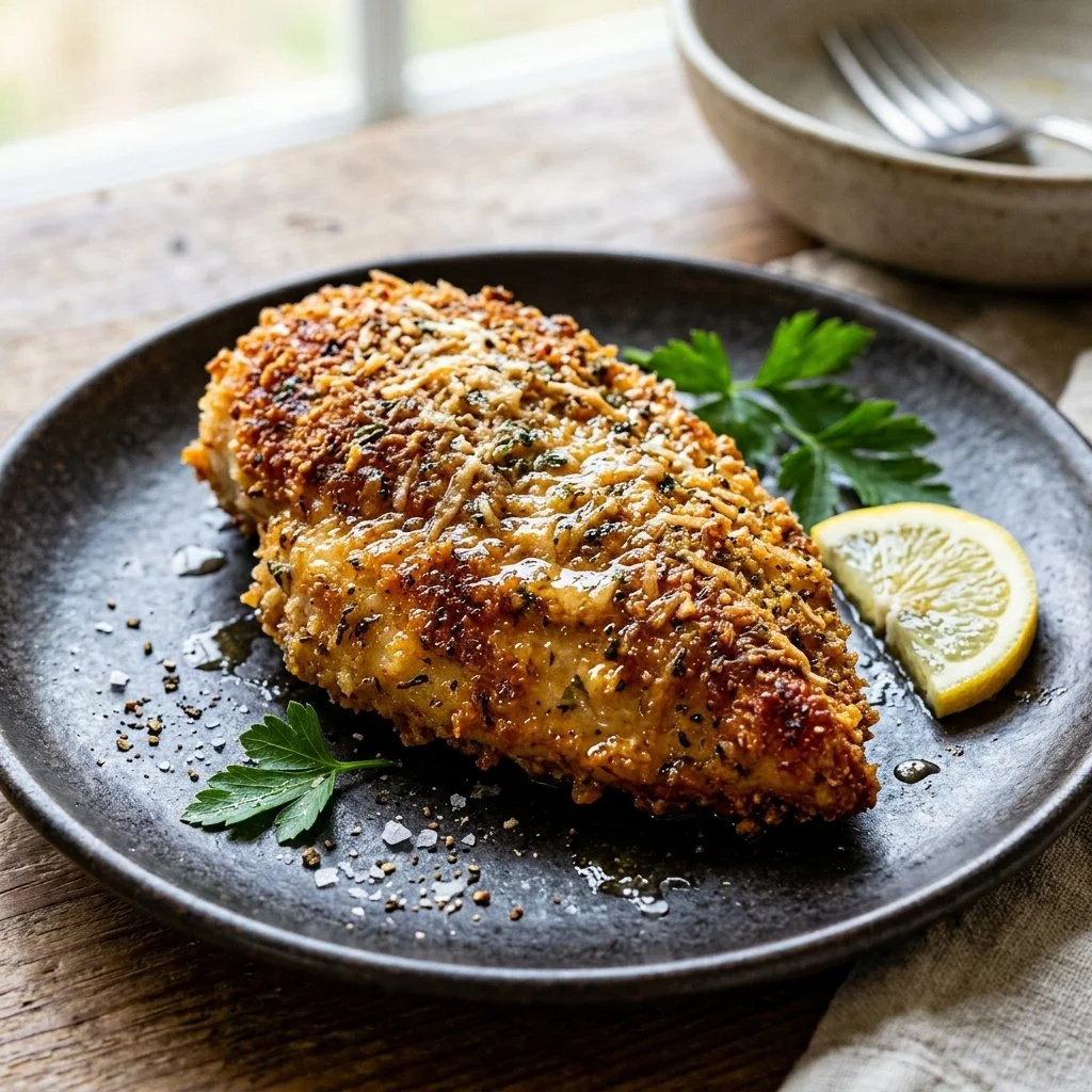 Parmesan Crusted Chicken with a crispy cheese layer on a plate