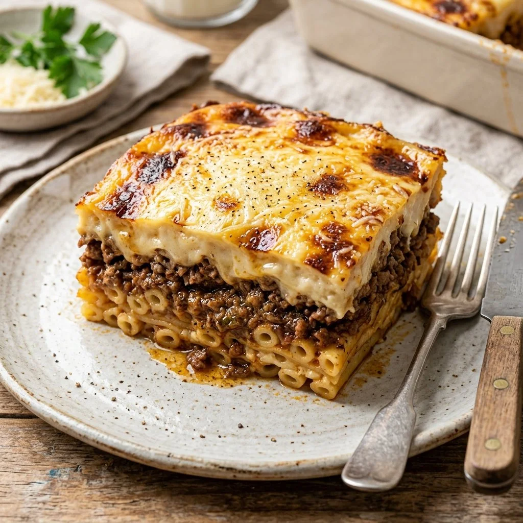 Delicious pastitsio with layers of pasta, meat sauce, and creamy béchamel