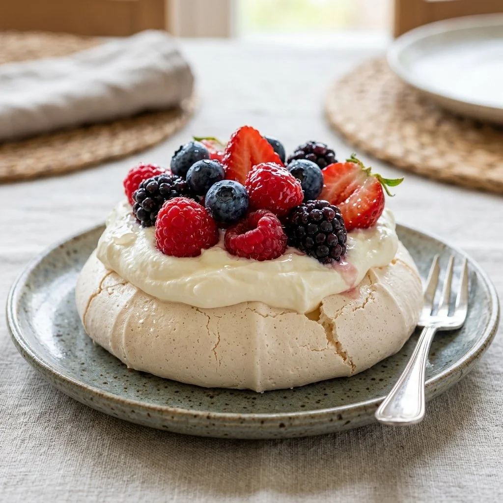 Pavlova dessert topped with fresh berries on a white plate