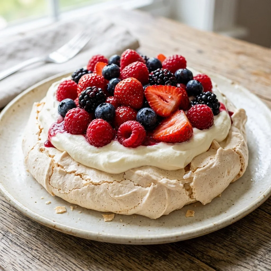 Delicious Pavlova topped with fresh berries, perfect for dessert lovers.