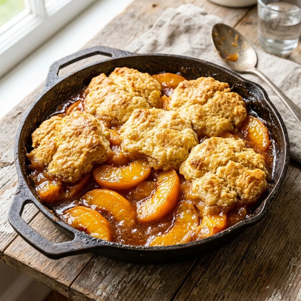 Delicious peach cobbler dessert with a golden crust and fresh peaches