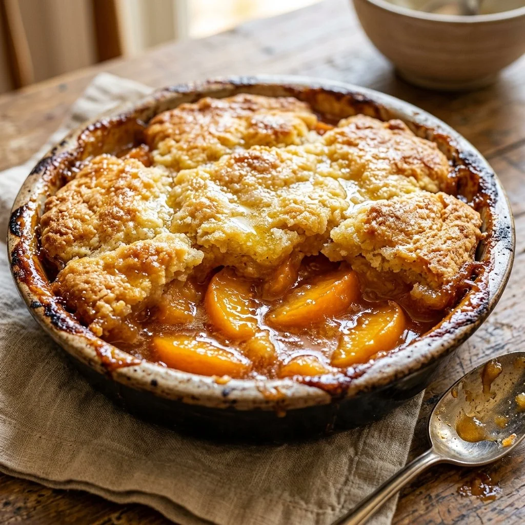 Delicious homemade Peach Cobbler served warm with ice cream.