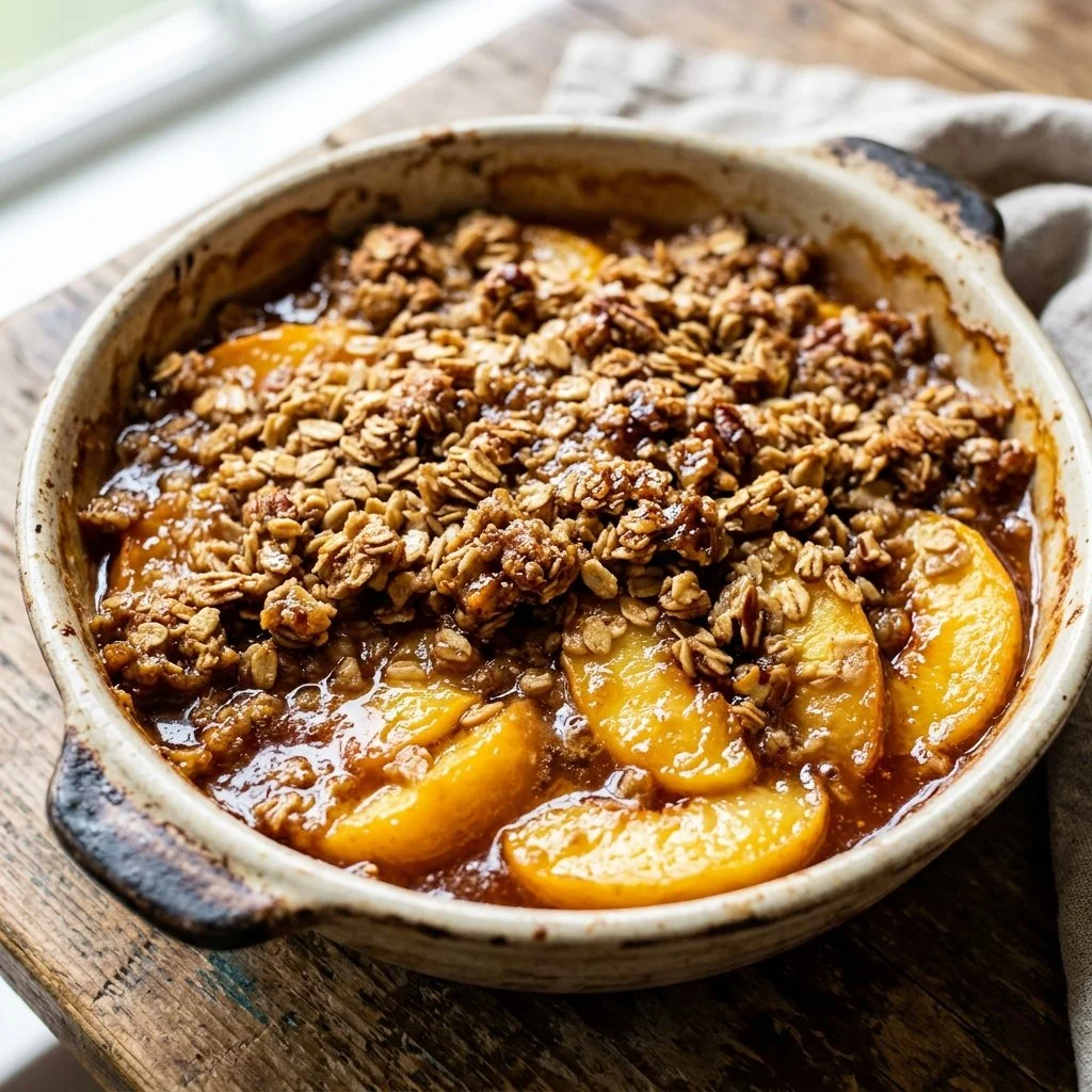 Delicious peach crisp dessert with a golden crunchy topping and fresh peaches