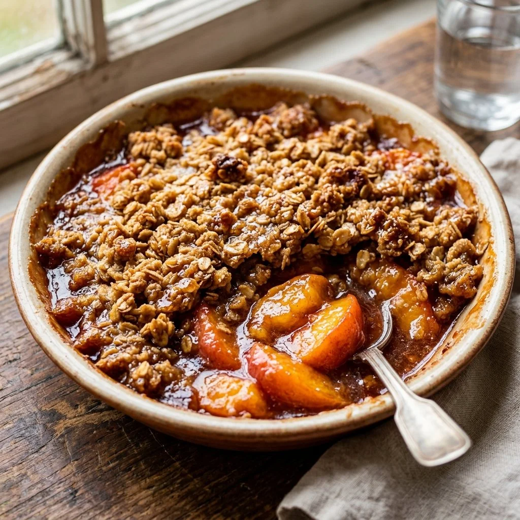 Delicious Peach Crisp served in a bowl with a golden brown topping.
