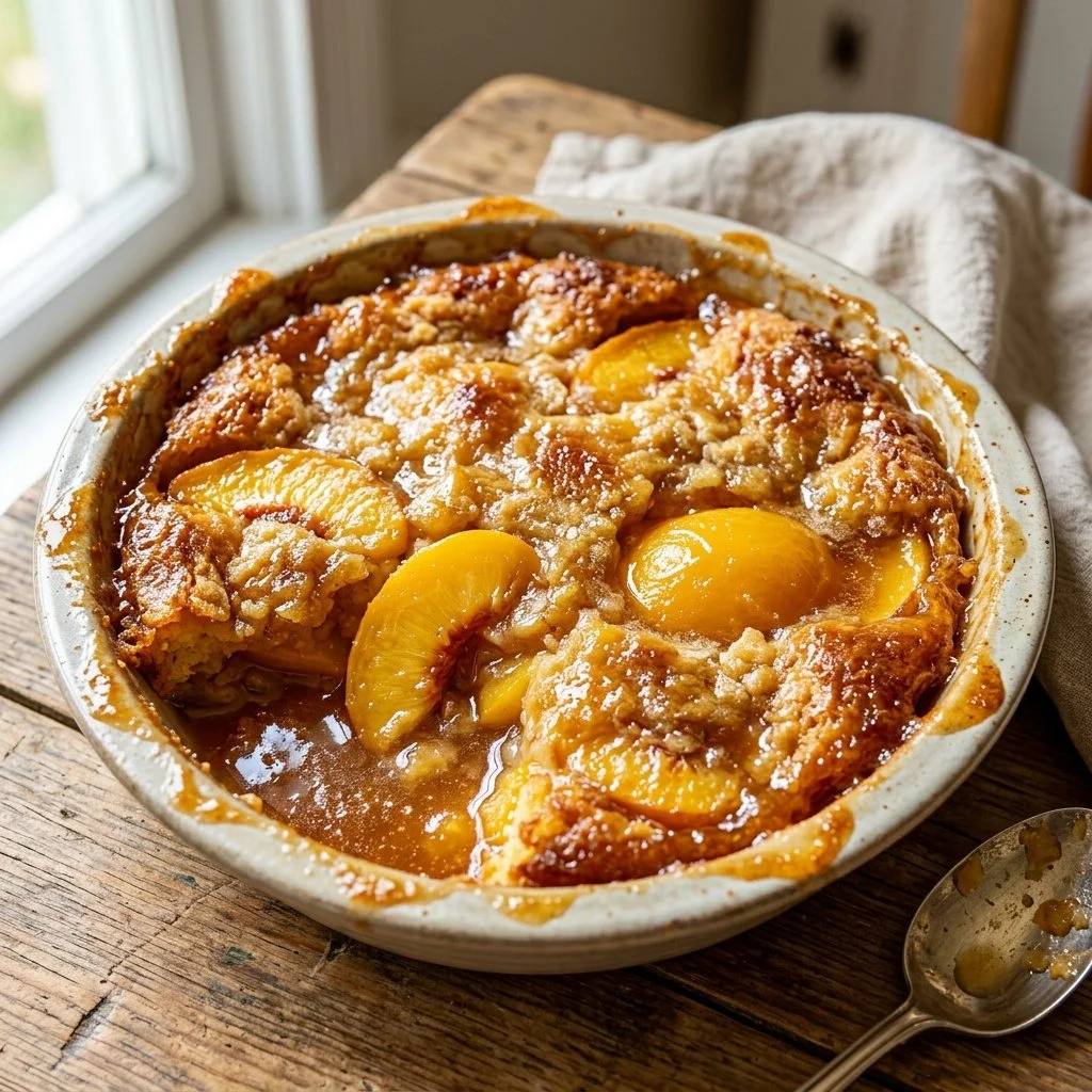 Delicious Peach Dump Cake topped with fresh peaches and crumble