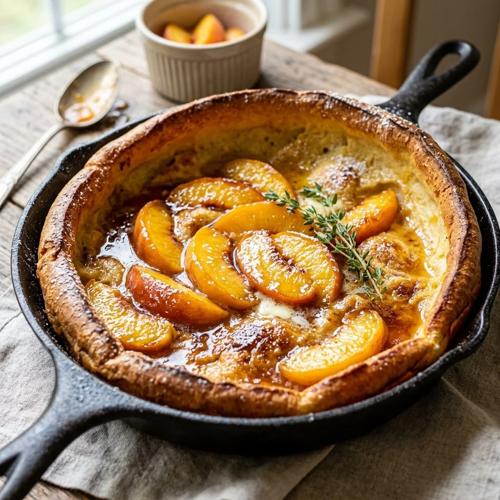 Fluffy Peach Dutch Baby served with fresh peaches and powdered sugar