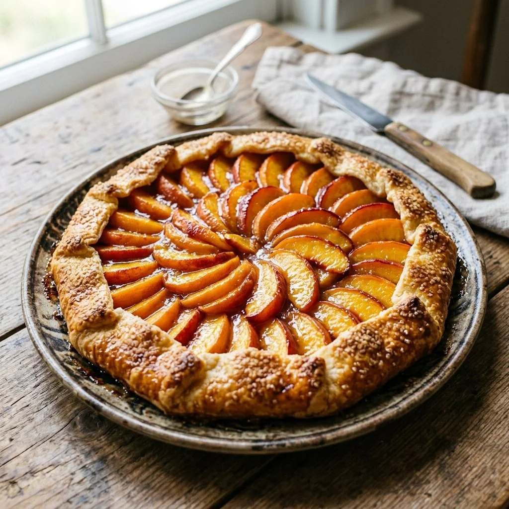 Delicious homemade peach galette with juicy peaches and flaky pastry crust.