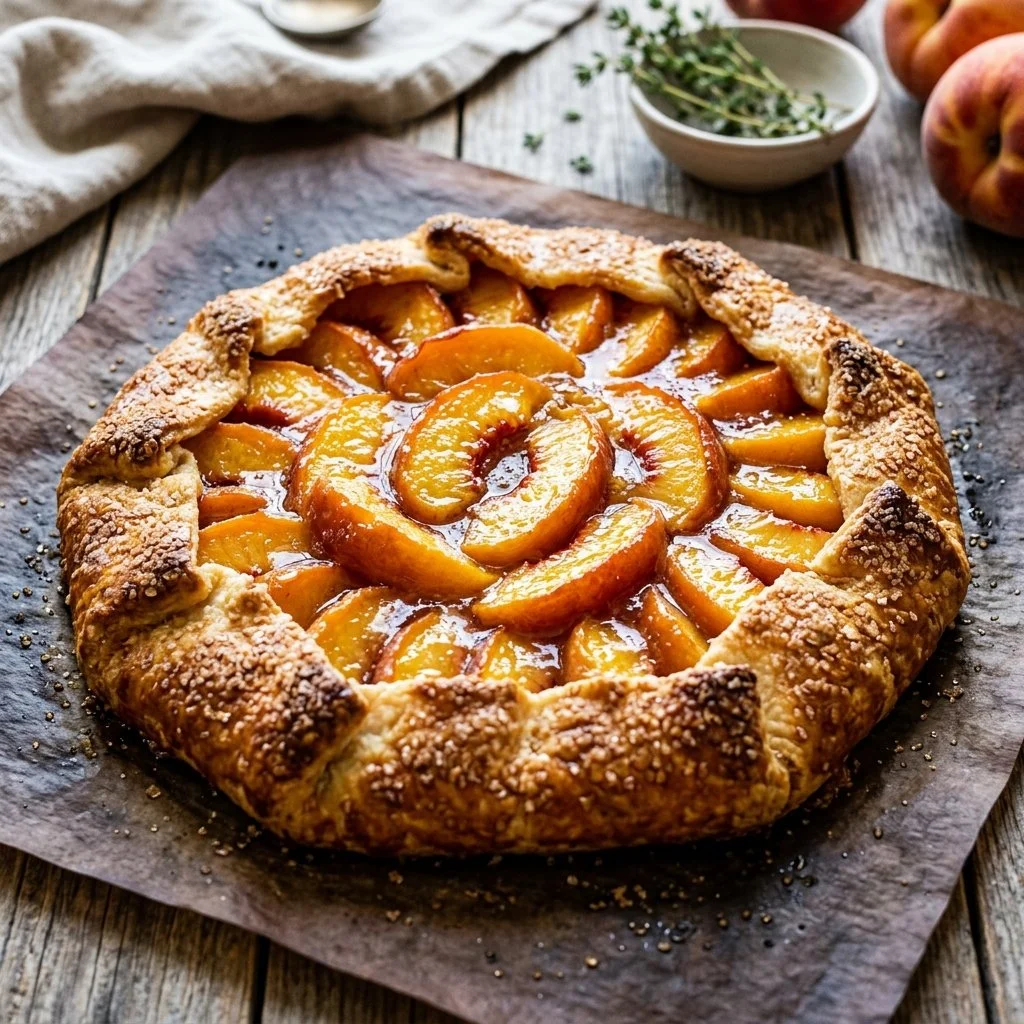 Delicious homemade Peach Galette with juicy peaches and flaky crust.