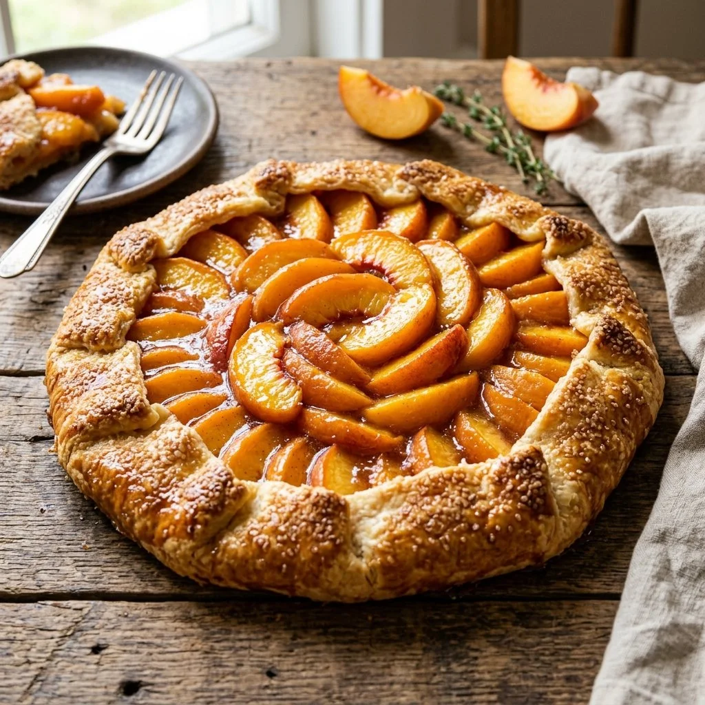 Delicious peach galette with fresh peaches on a flaky crust