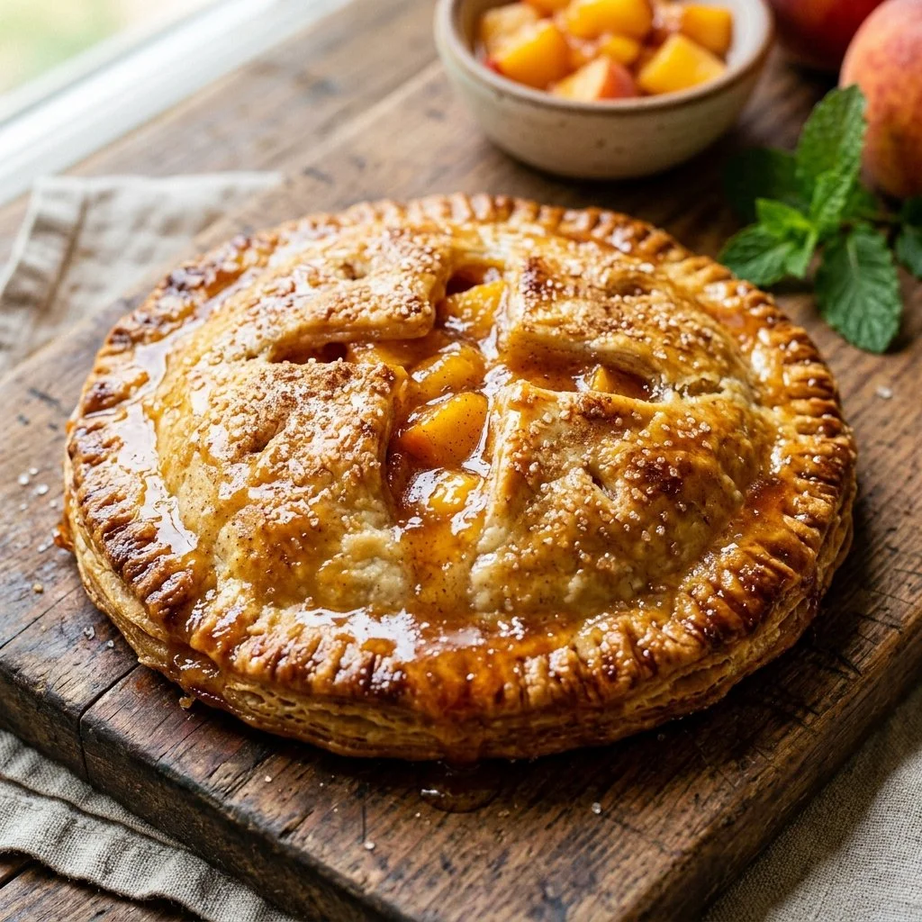 Freshly baked peach hand pies on a cooling rack