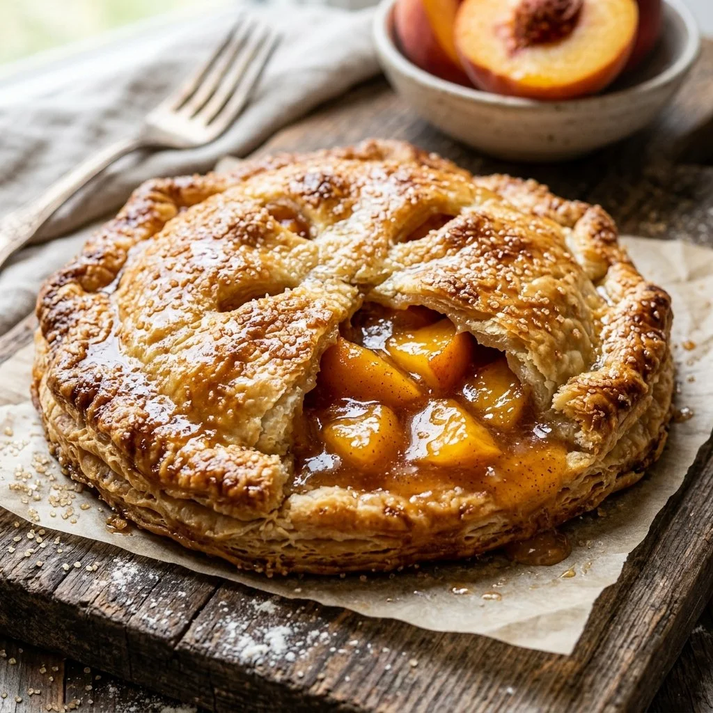 Freshly baked peach hand pies on a rustic table