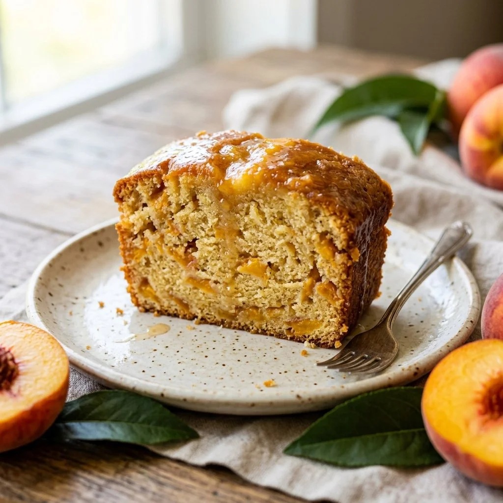 Delicious Peach Pound Cake served on a plate with fresh peaches