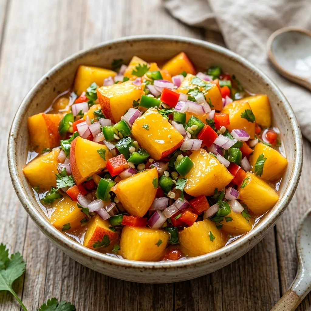 Fresh peach salsa served in a bowl with colorful ingredients