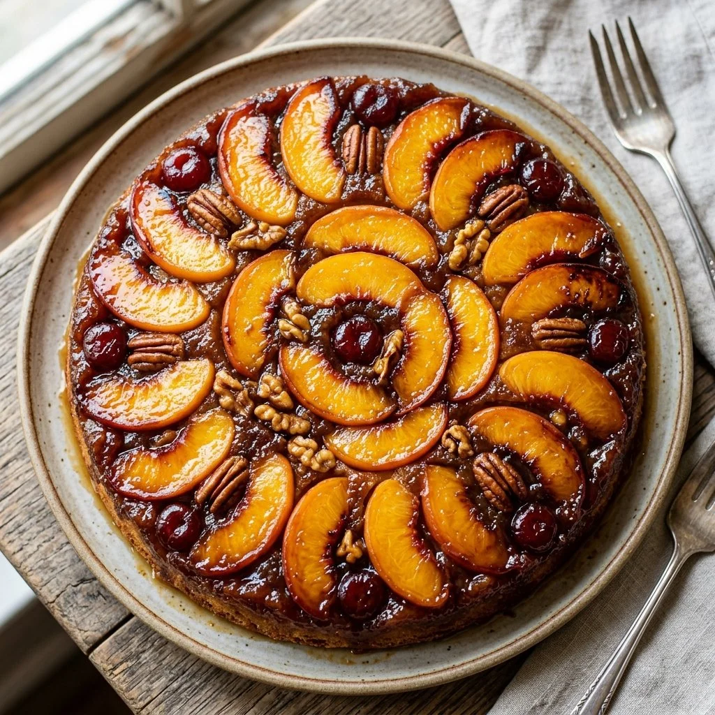 Delicious Peach Upside Down Cake with fresh peaches and caramel glaze