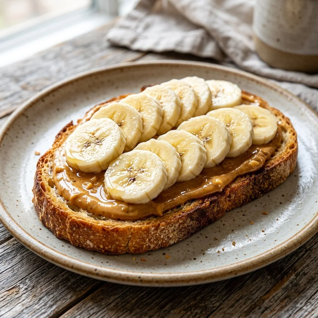Delicious peanut butter banana toast topped with slices of banana and honey