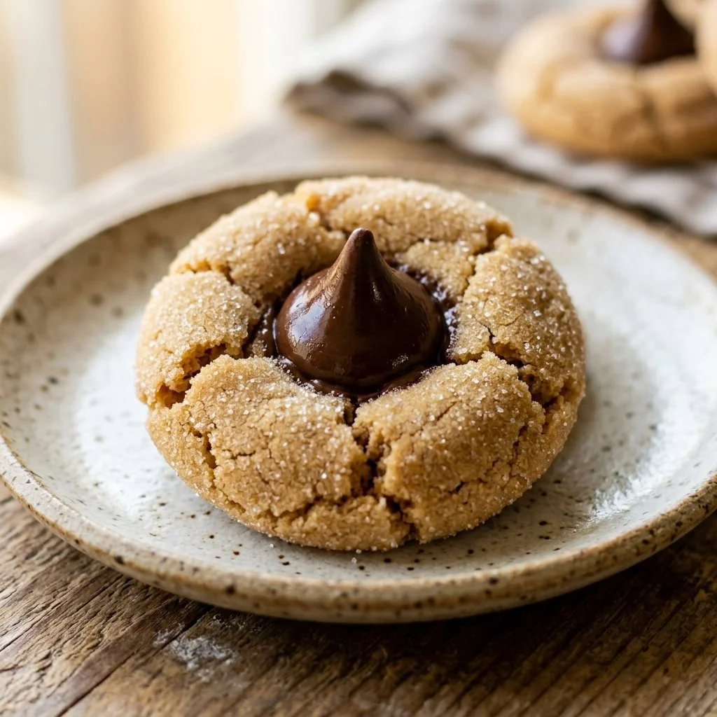 Peanut Butter Blossoms cookies topped with chocolate kisses on a plate