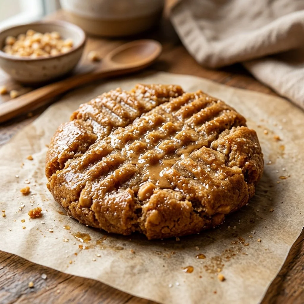 Freshly baked peanut butter cookies on a plate with a glass of milk